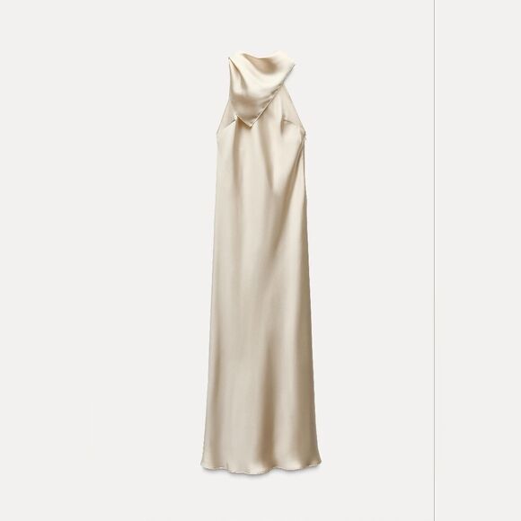 NWT ZARA SATIN SCARF DRESS BEIGe - Picture 1 of 8